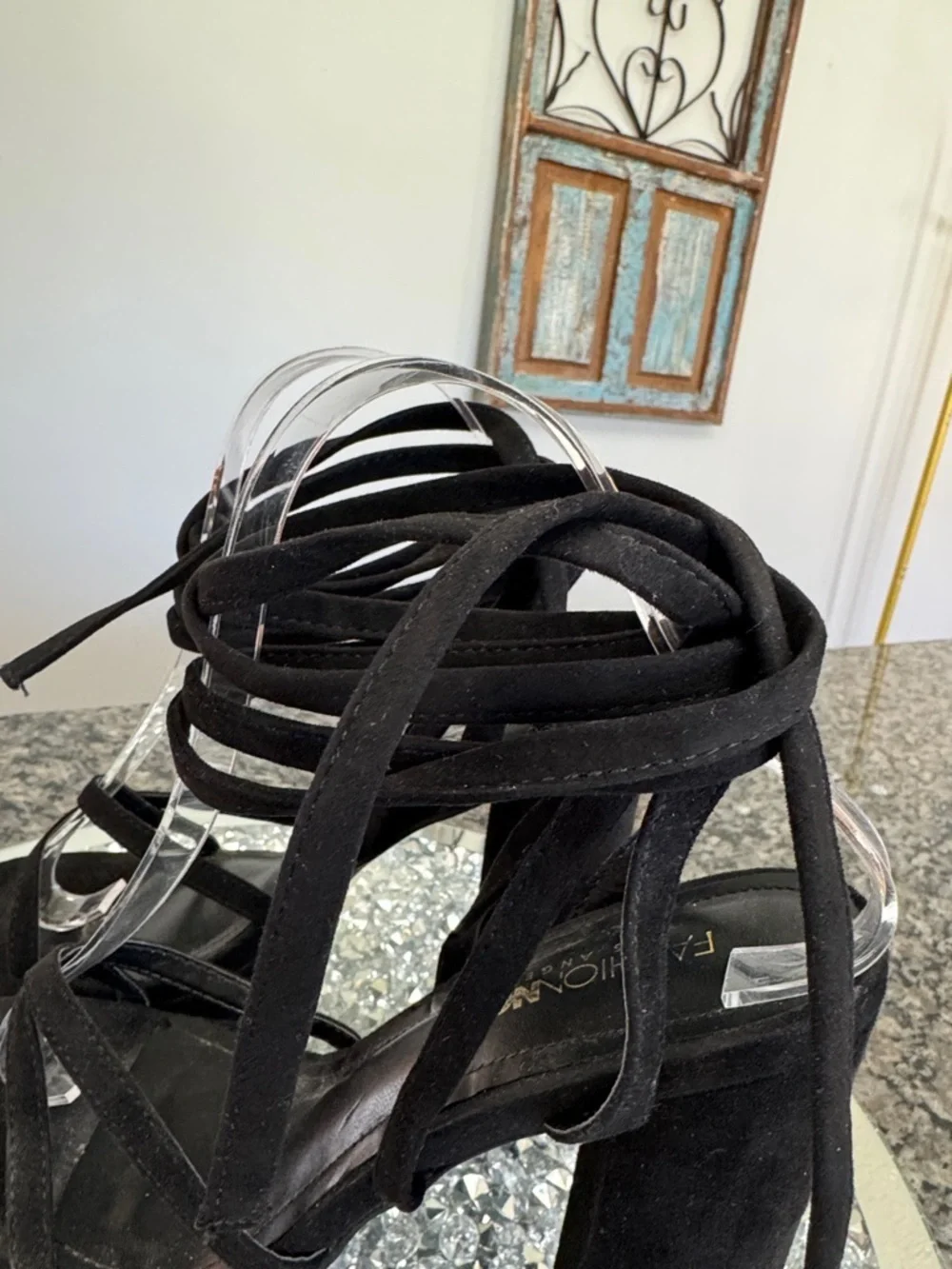 Fashion Nova Black Strappy Lace around ankle Platform Heels